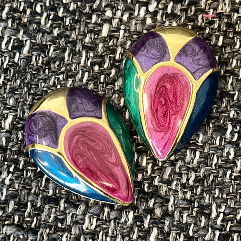 Vintage Clip On Earrings 80’s Gold Enamel Teardrop Pear